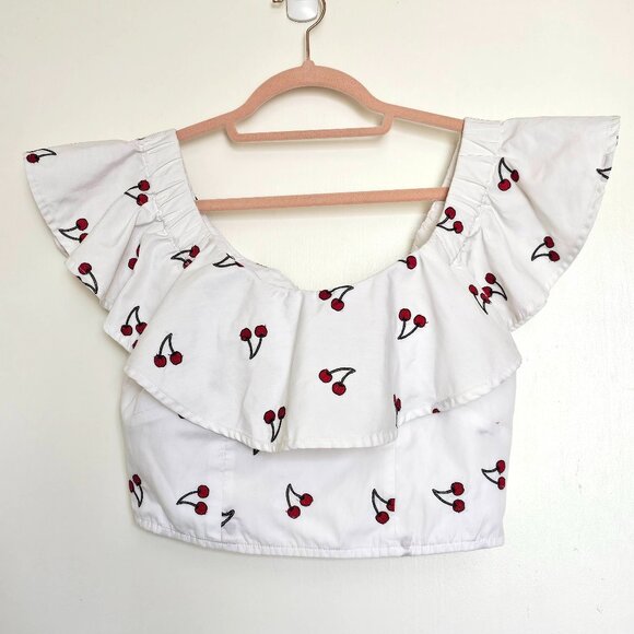 Topshop Cherry Off Shoulder Ruffled Casual Crop Top US 6 - Picture 1 of 9